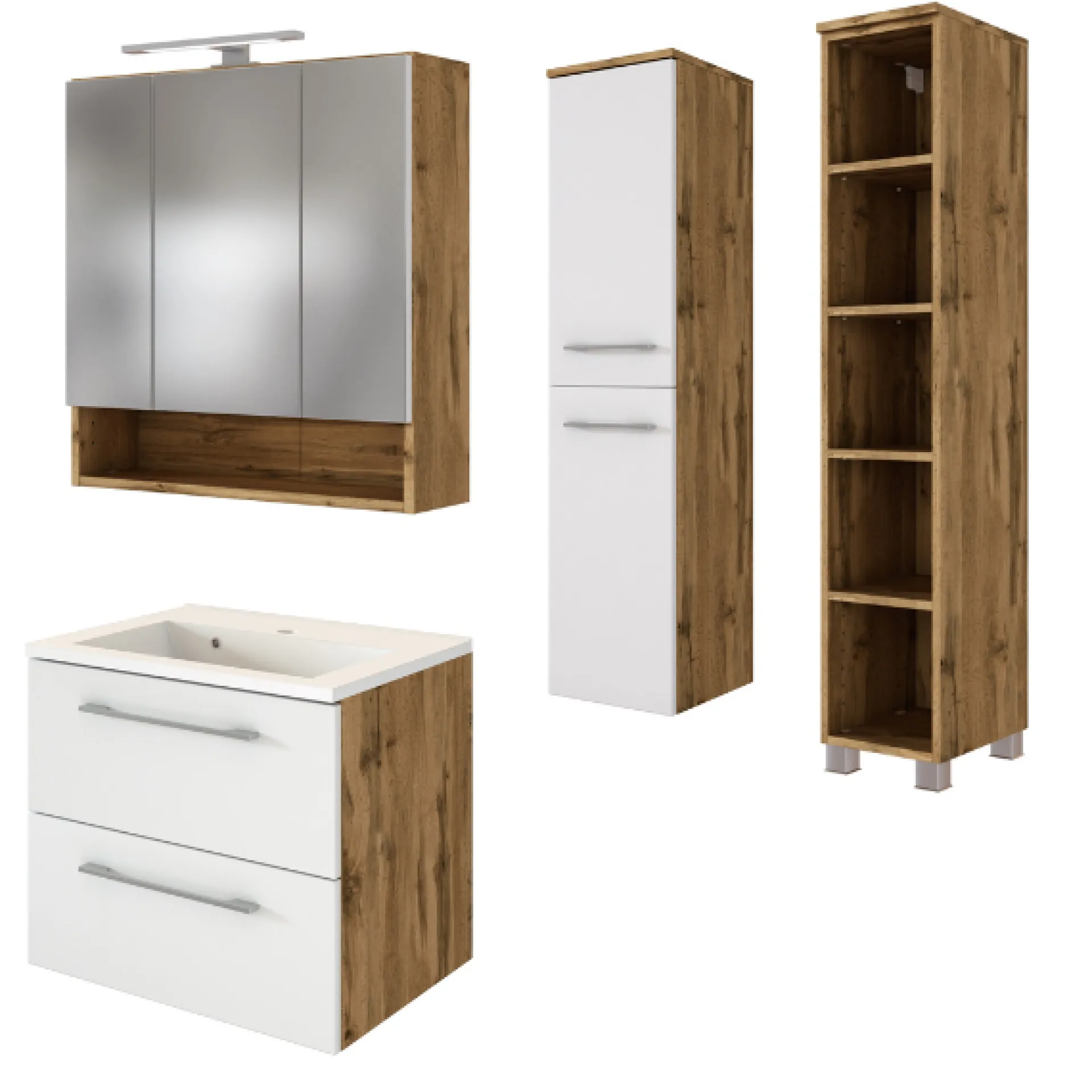 Held SefaBadezimmer : Spiegelschrank, Waschtischschrank, Säulenschrank, Regal - Eiche/Weiß
