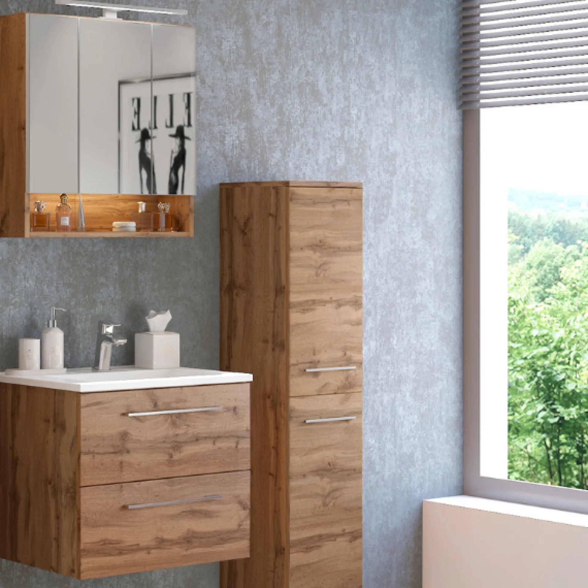 Held SefaBadezimmer : Spiegelschrank, Waschtischschrank, Säulenschrank - Eiche