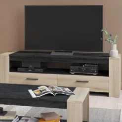Shane TV-Schrank 2 Schubladen und 1 offenes Fach-Kronberg Eiche/Sidewalk schwarz
