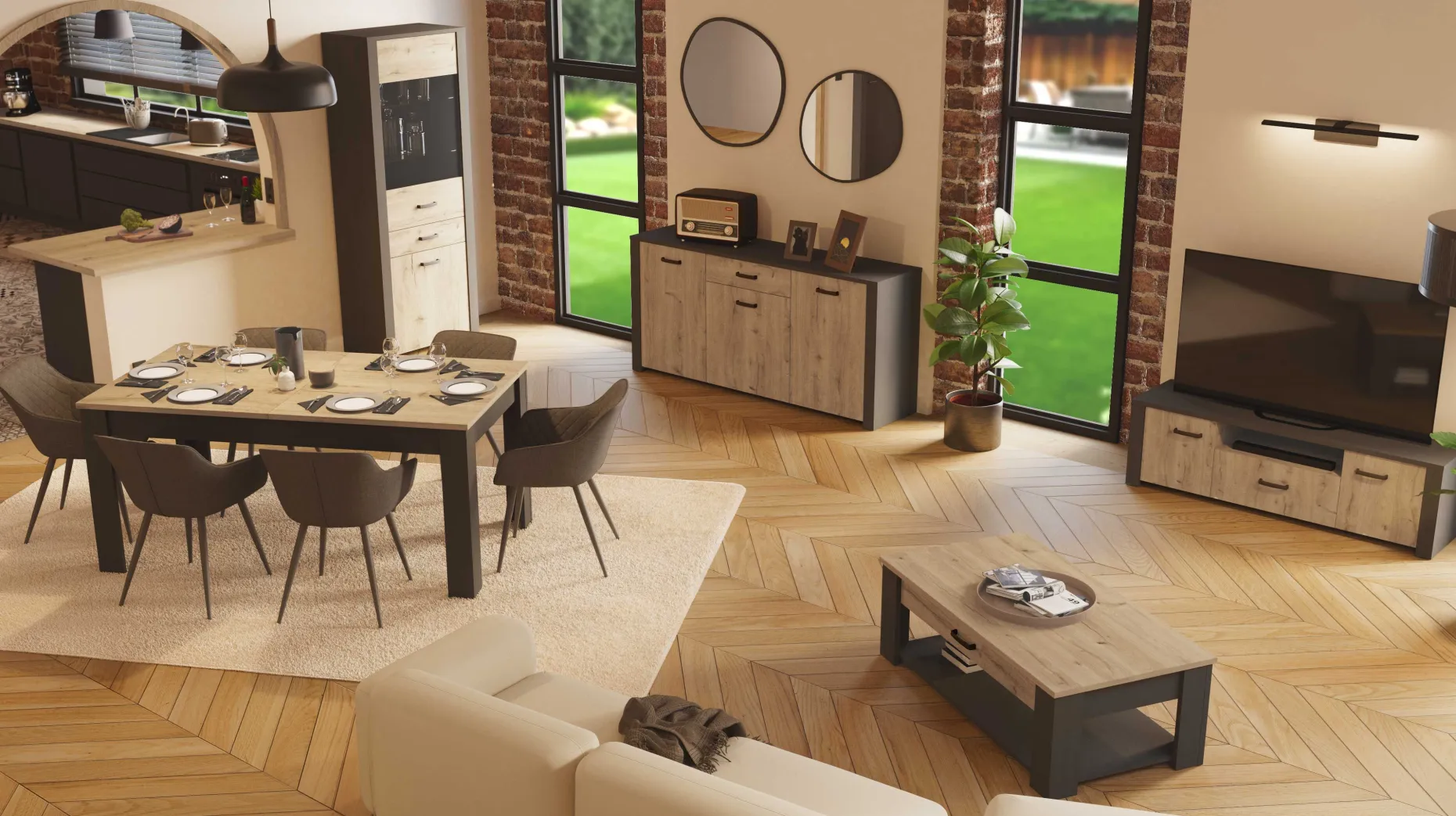 Sideboard Aubrey - 175x42x82cm - 3 Türen und 1 Schublade - Eiche Dekor/schwarz
