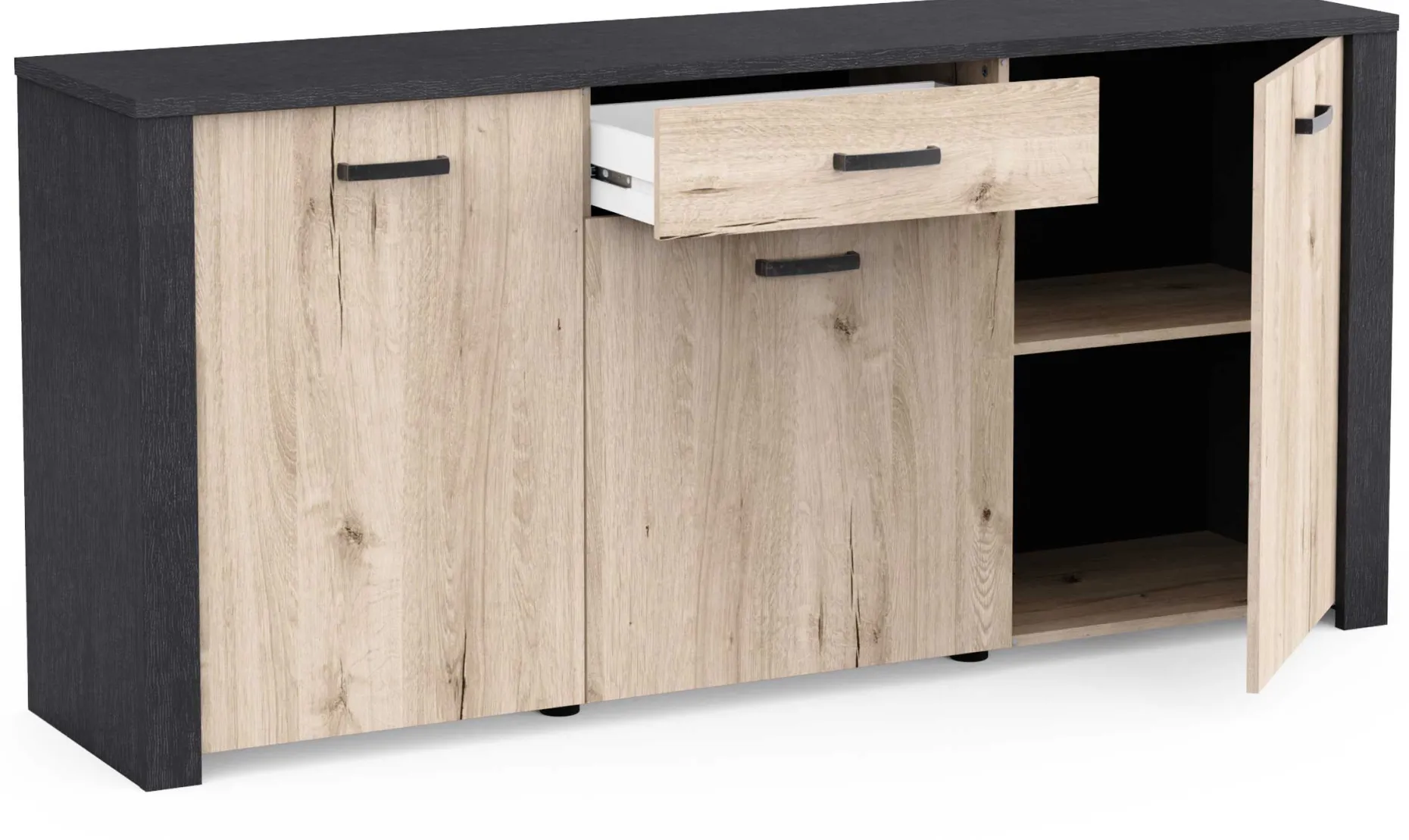 Sideboard Aubrey - 175x42x82cm - 3 Türen und 1 Schublade - Eiche Dekor/schwarz