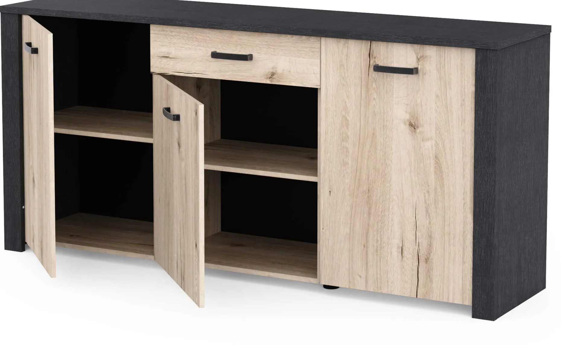 Sideboard Aubrey - 175x42x82cm - 3 Türen und 1 Schublade - Eiche Dekor/schwarz