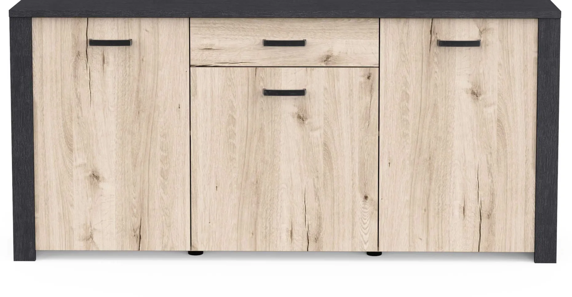 Sideboard Aubrey - 175x42x82cm - 3 Türen und 1 Schublade - Eiche Dekor/schwarz