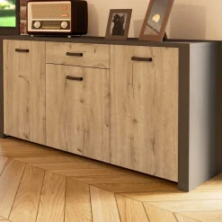 Sideboard Aubrey - 175x42x82cm - 3 Türen und 1 Schublade - Eiche Dekor/schwarz