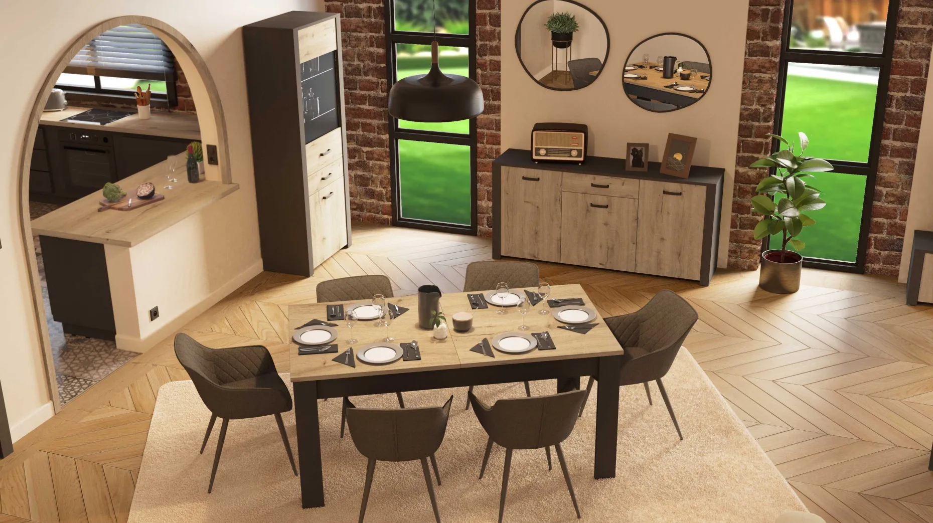 Sideboard Aubrey - 175x42x82cm - 3 Türen und 1 Schublade - Eiche Dekor/schwarz