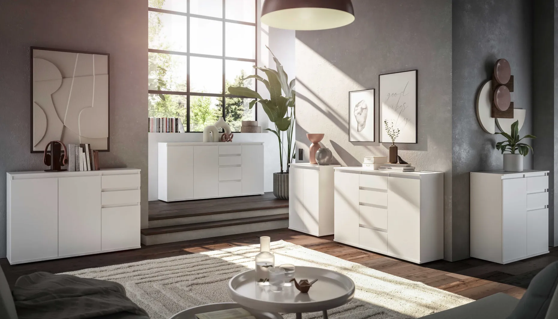 Sideboard Brest - 119x35x84cm - 3 Türen und 2 Schubladen - weiß