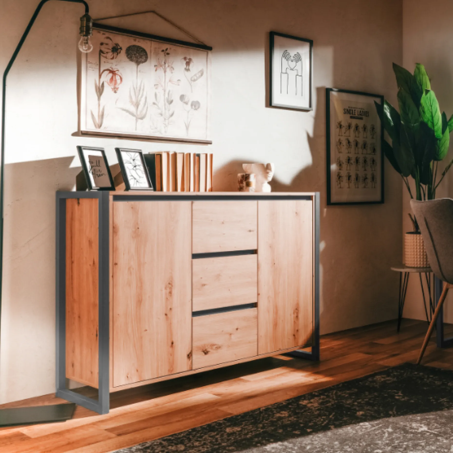 Sideboard Damon 120cm mit 2 Türen und 3 Schubladen - Eiche Dekor/anthrazit