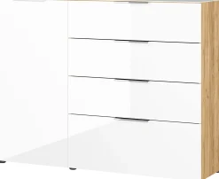 Sideboard Dudek 134cm mit 4 Schubladen und 1 Tür - weiß/Eiche