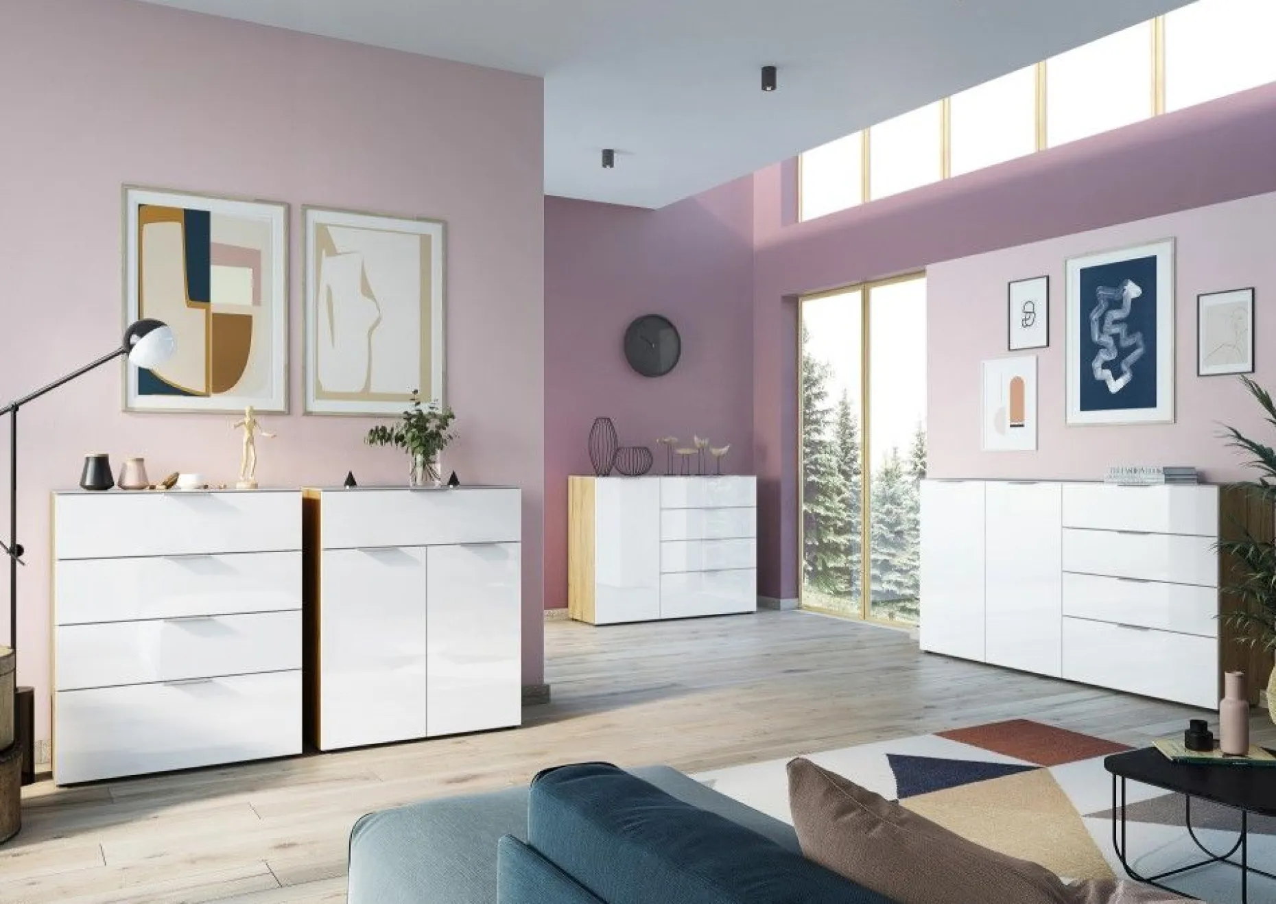 Sideboard Dudek 134cm mit 4 Schubladen und 1 Tür - weiß/Eiche
