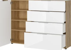 Sideboard Dudek 134cm mit 4 Schubladen und 1 Tür - weiß/Eiche