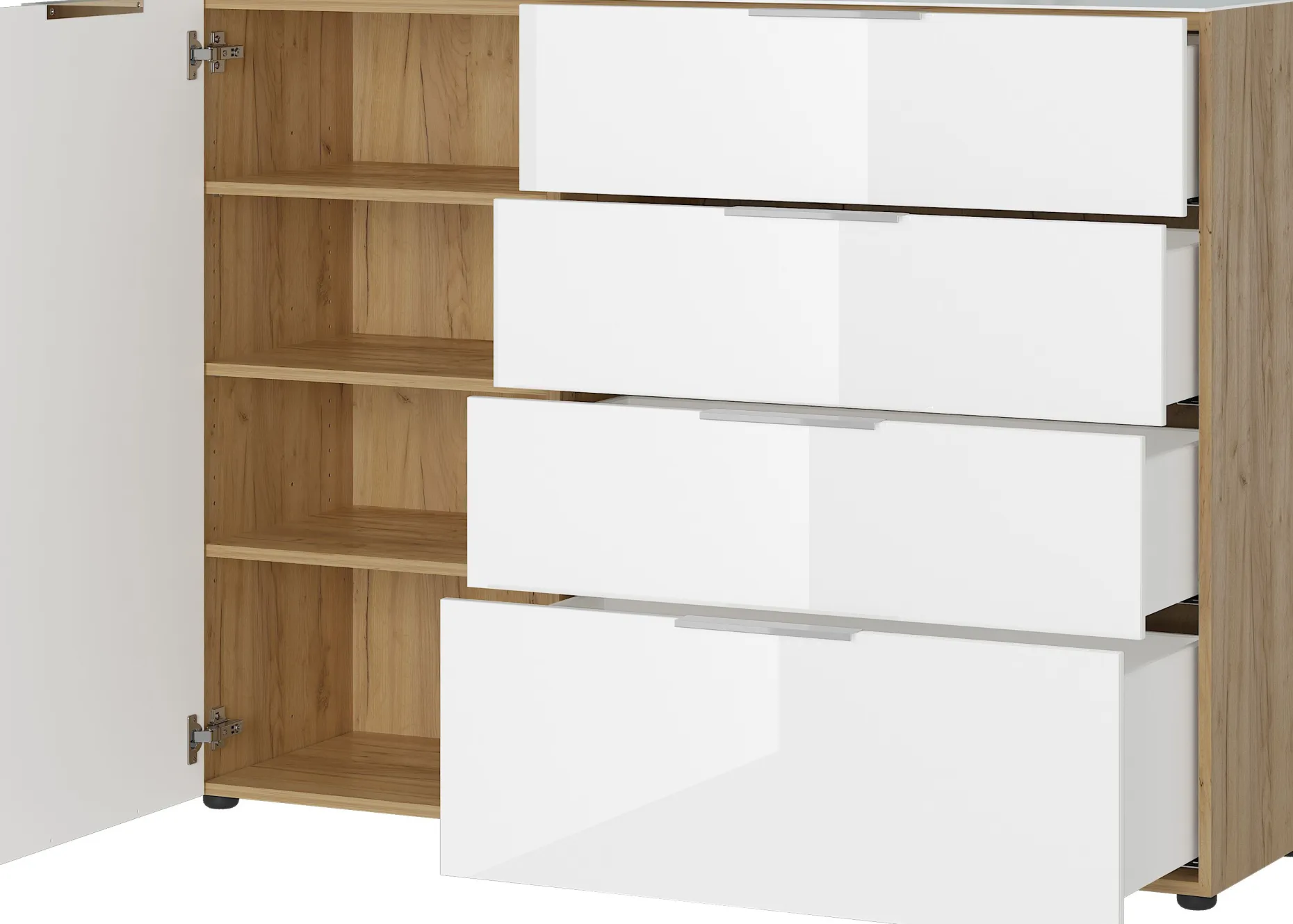 Sideboard Dudek 134cm mit 4 Schubladen und 1 Tür - weiß/Eiche