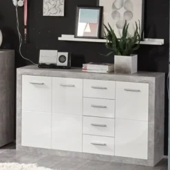 Sideboard Inga 152 cm mit 3 Türen und 4 Schubladen - Beton/Weiß