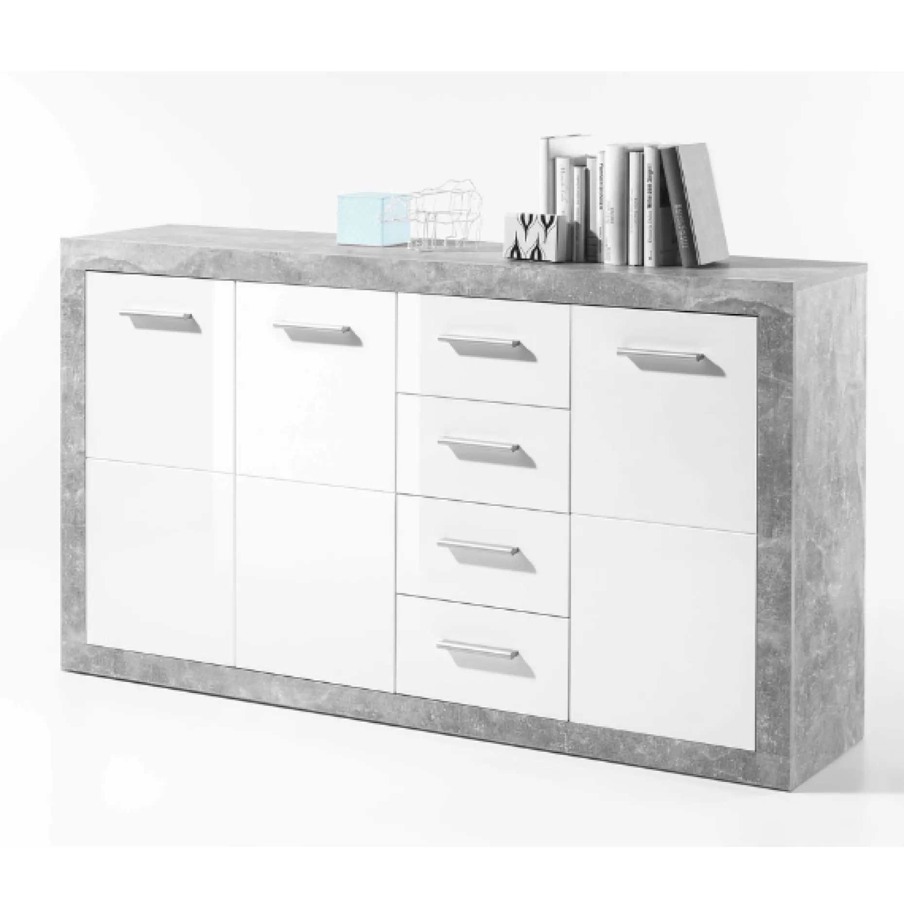 Sideboard Inga 152 cm mit 3 Türen und 4 Schubladen - Beton/Weiß