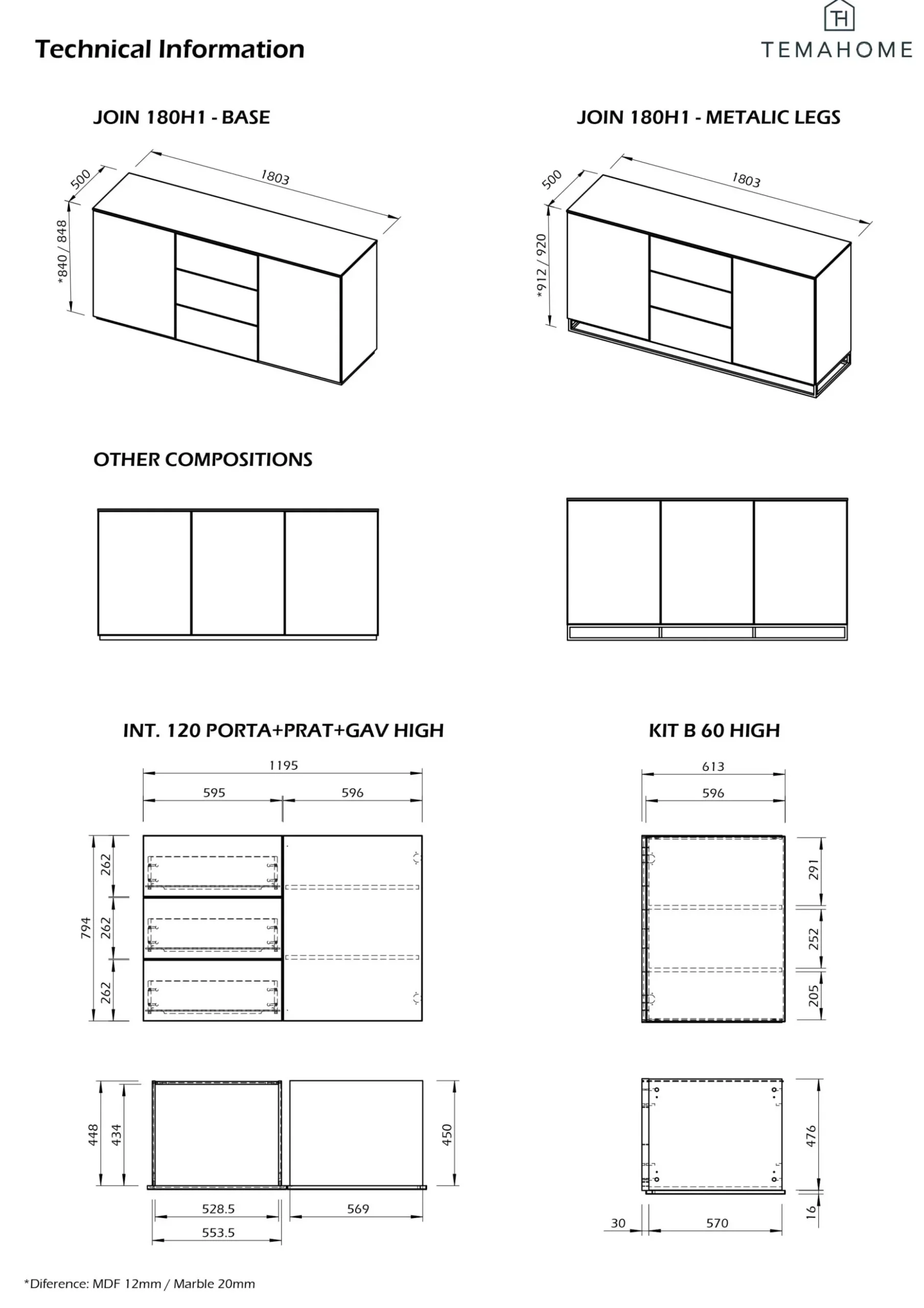 Sideboard Join 180cm hoch Modell mit 3 Türen - matt weiß/schwarzer Marmor