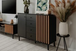 Sideboard Manet - 118x40x90cm - 2 Türen und 4 Schubladen - Schwarz/Eiche Dekor