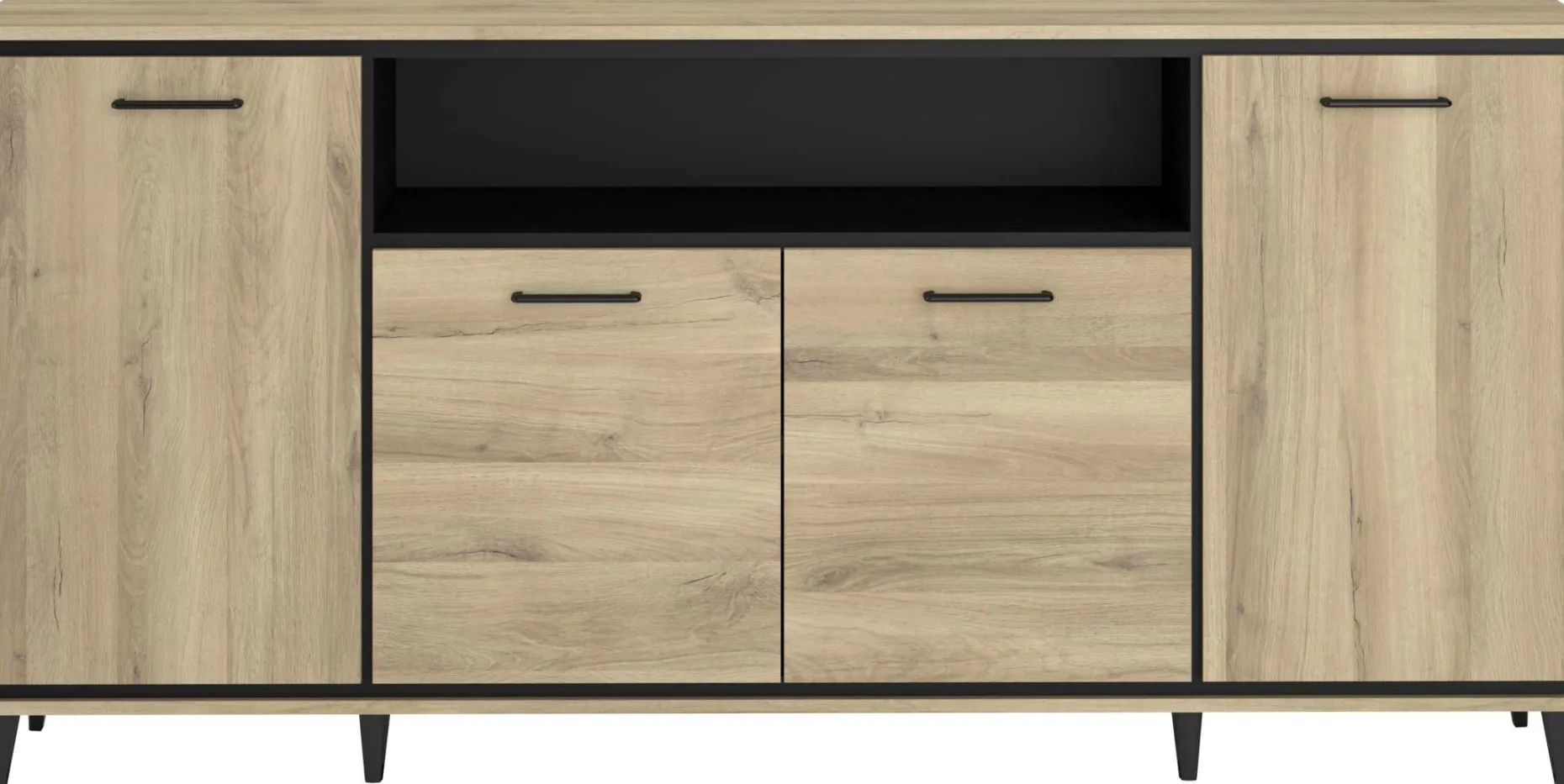 Sideboard Oskar - 180x40x86cm - 4 Türen - mit Beleuchtung - Eiche Dekor/schwarz