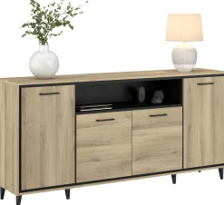 Sideboard Oskar - 180x40x86cm - 4 Türen - mit Beleuchtung - Eiche Dekor/schwarz