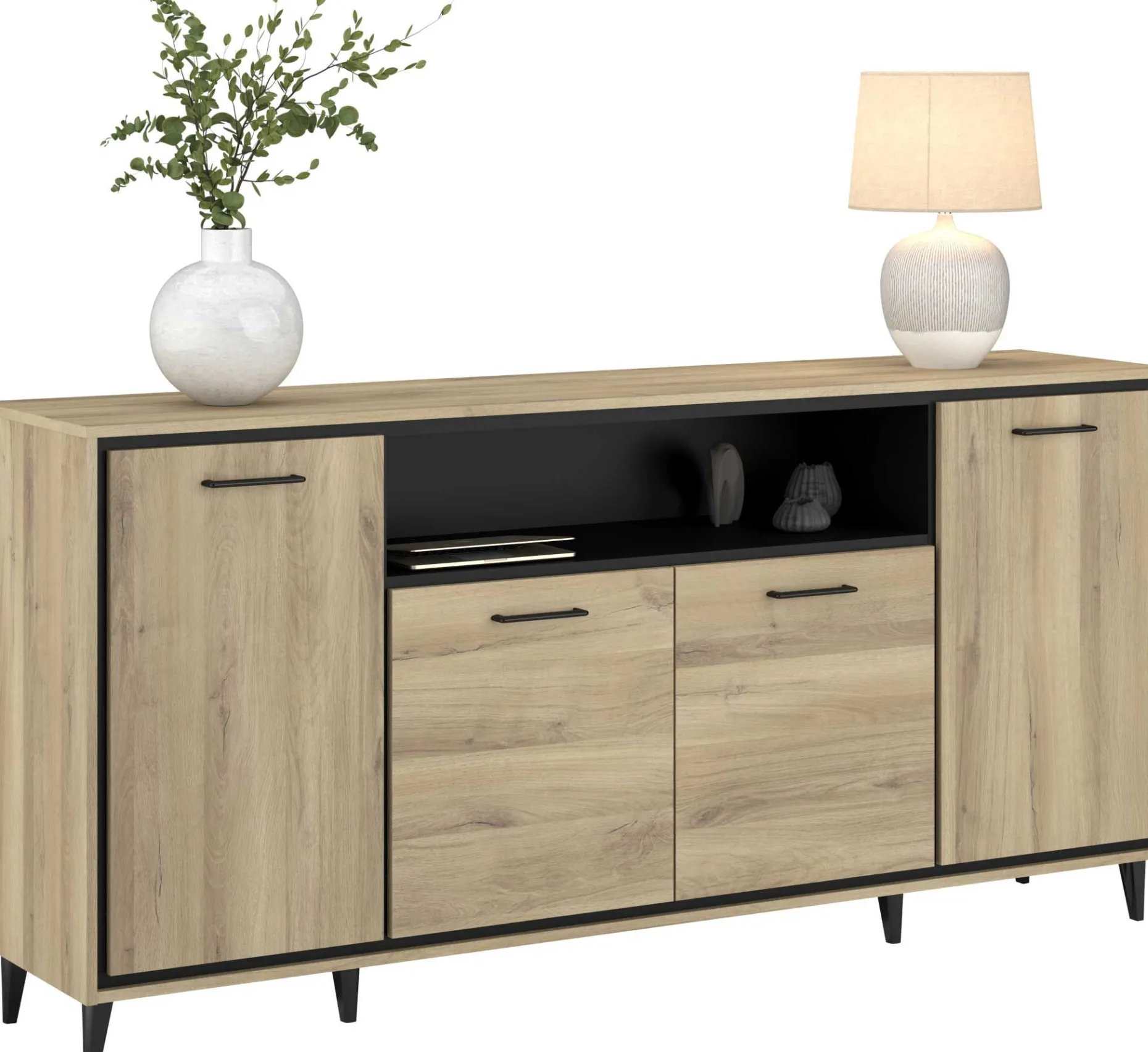 Sideboard Oskar - 180x40x86cm - 4 Türen - mit Beleuchtung - Eiche Dekor/schwarz