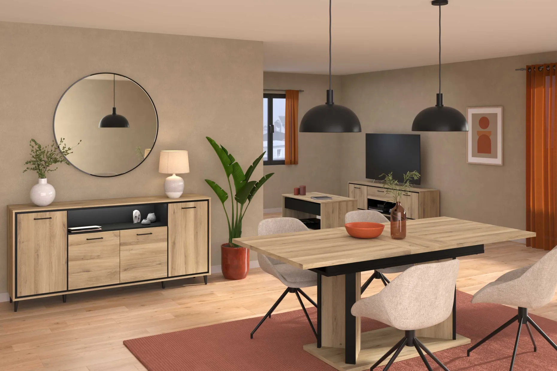 Sideboard Oskar - 180x40x86cm - 4 Türen - mit Beleuchtung - Eiche Dekor/schwarz