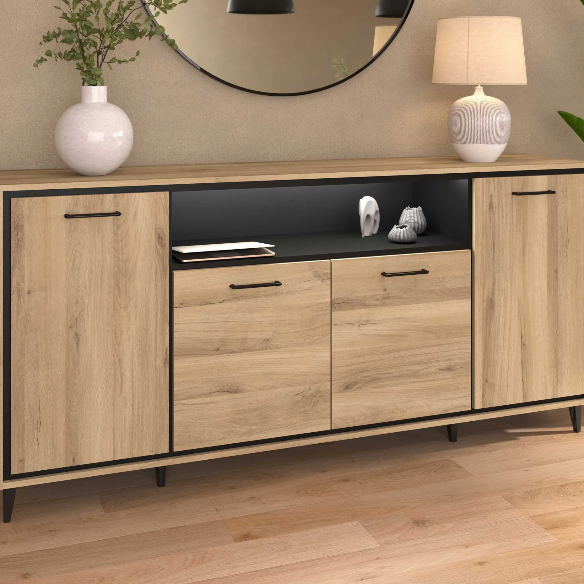 Sideboard Oskar - 180x40x86cm - 4 Türen - mit Beleuchtung - Eiche Dekor/schwarz