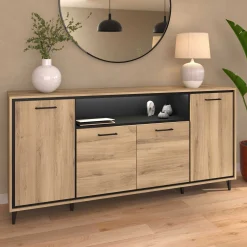 Sideboard Oskar - 180x40x86cm - 4 Türen - mit Beleuchtung - Eiche Dekor/schwarz