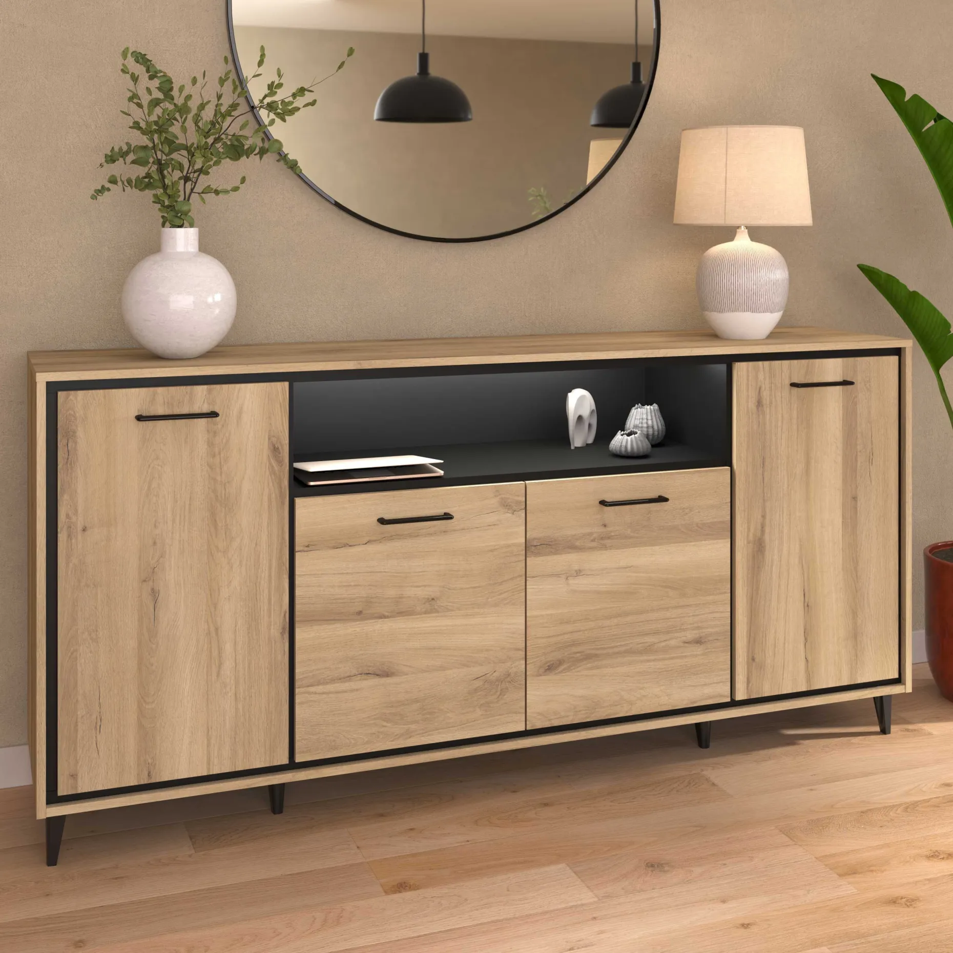 Sideboard Oskar - 180x40x86cm - 4 Türen - mit Beleuchtung - Eiche Dekor/schwarz