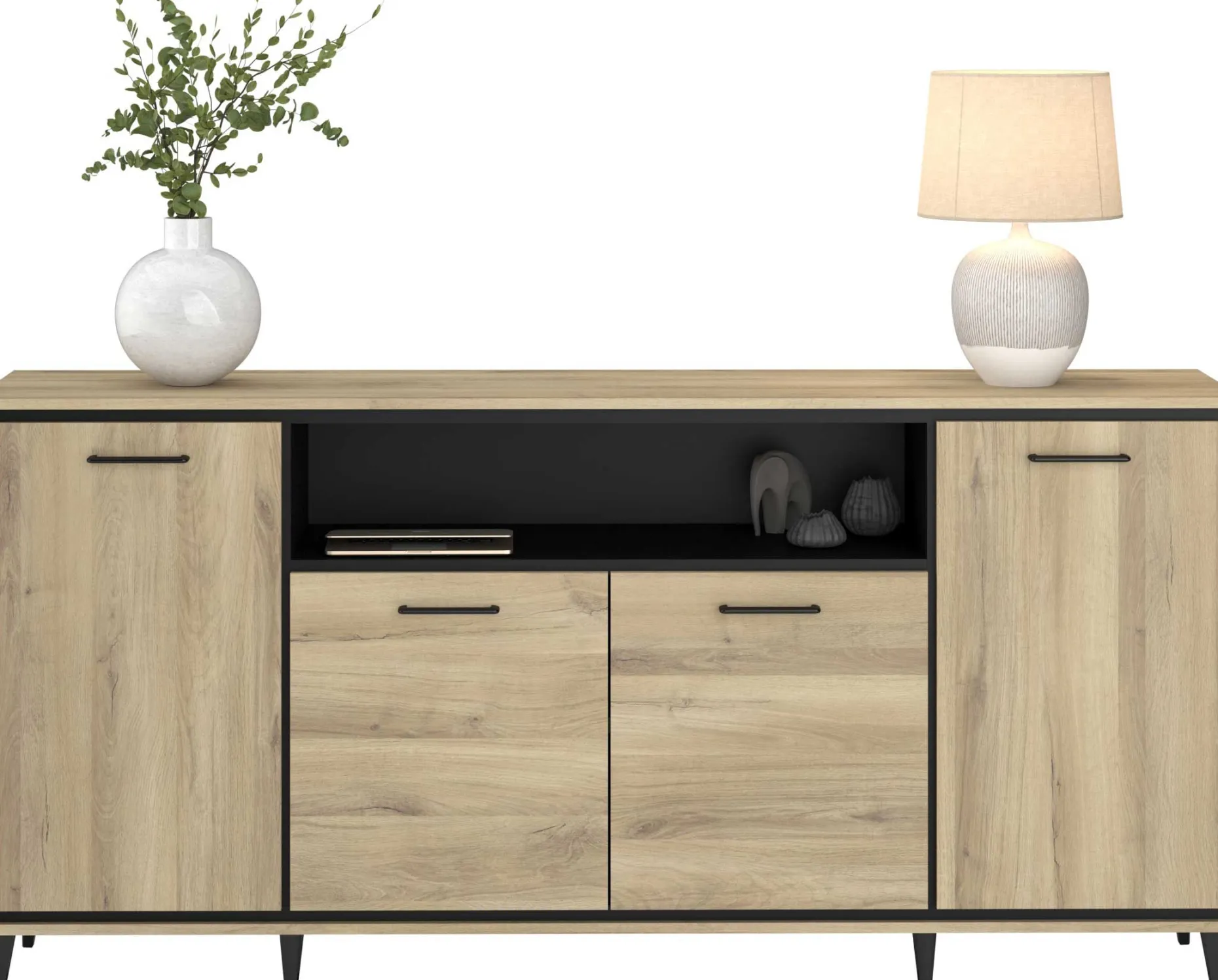 Sideboard Oskar - 180x40x86cm - 4 Türen - mit Beleuchtung - Eiche Dekor/schwarz