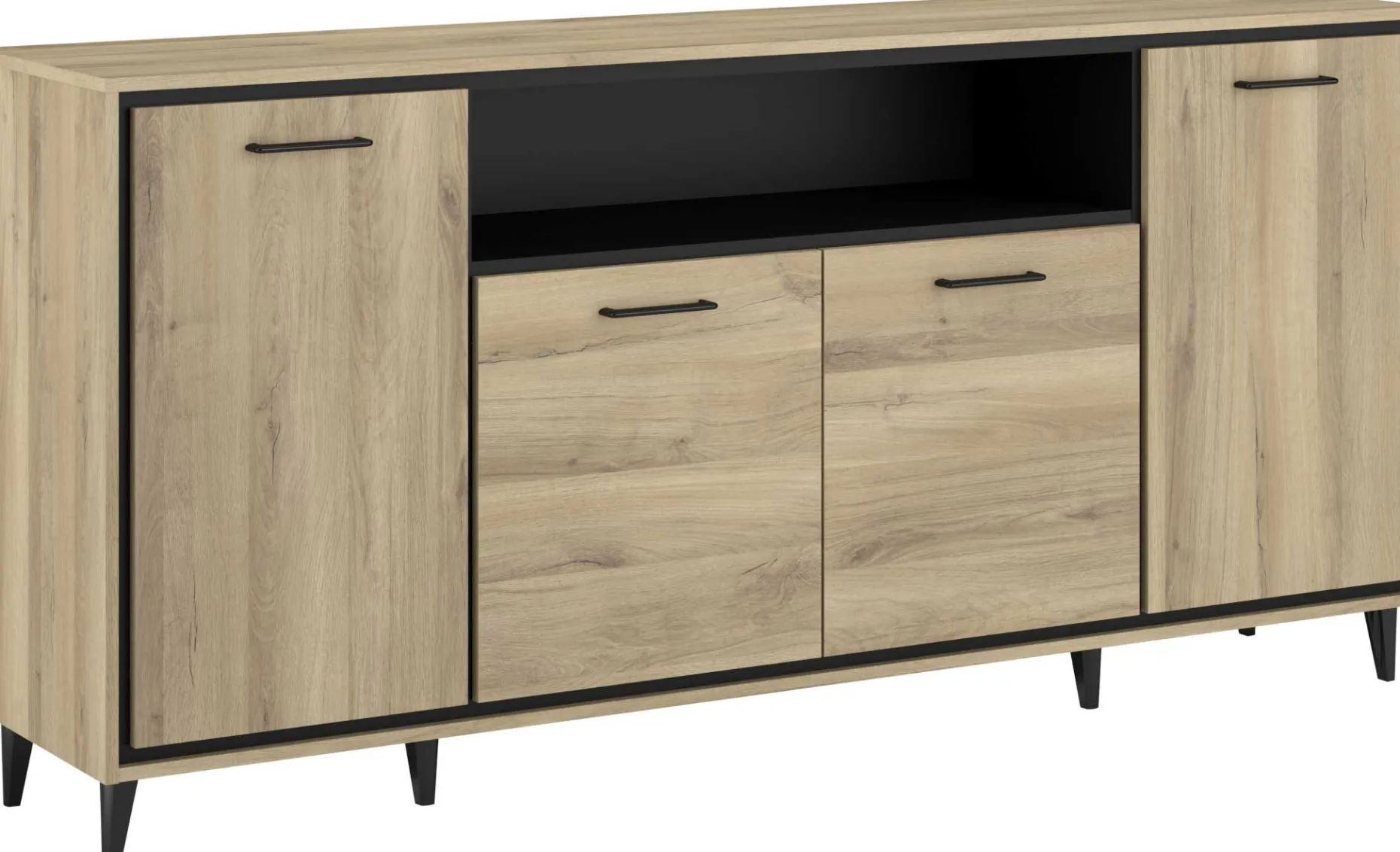 Sideboard Oskar - 180x40x86cm - 4 Türen - mit Beleuchtung - Eiche Dekor/schwarz
