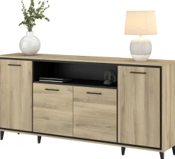 Sideboard Oskar - 180x40x86cm - 4 Türen - mit Beleuchtung - Eiche Dekor/schwarz