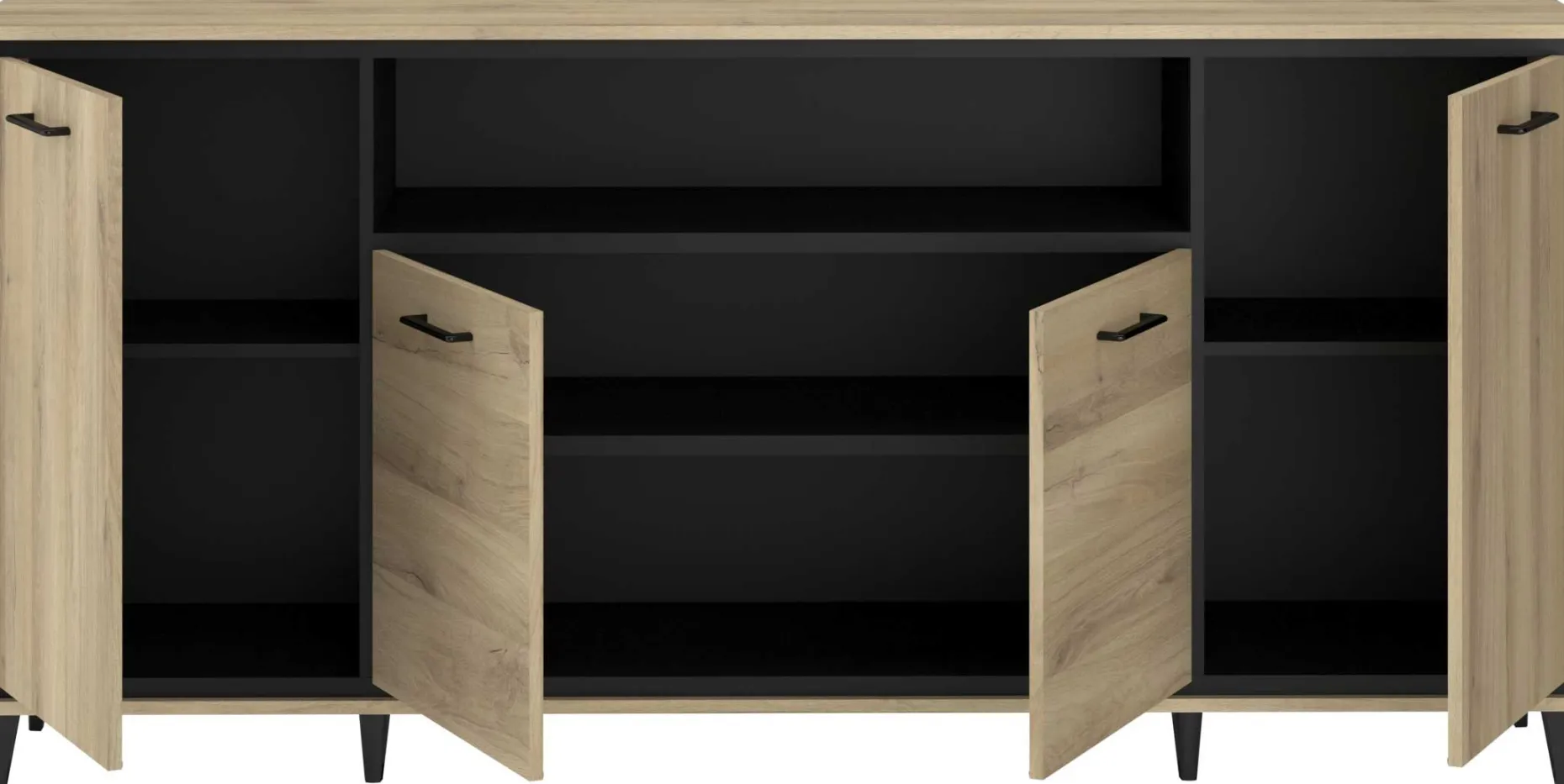 Sideboard Oskar - 180x40x86cm - 4 Türen - mit Beleuchtung - Eiche Dekor/schwarz