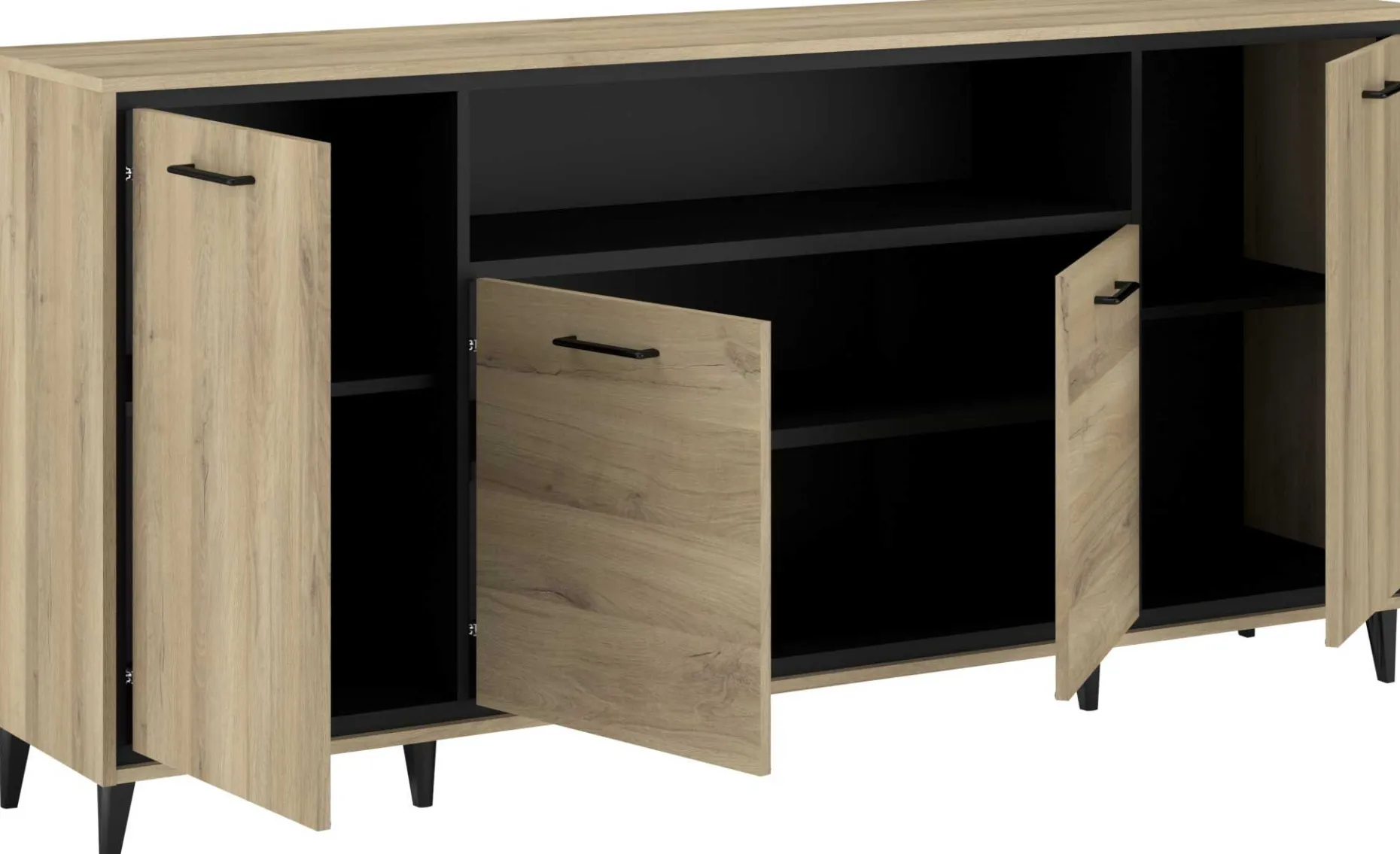 Sideboard Oskar - 180x40x86cm - 4 Türen - mit Beleuchtung - Eiche Dekor/schwarz