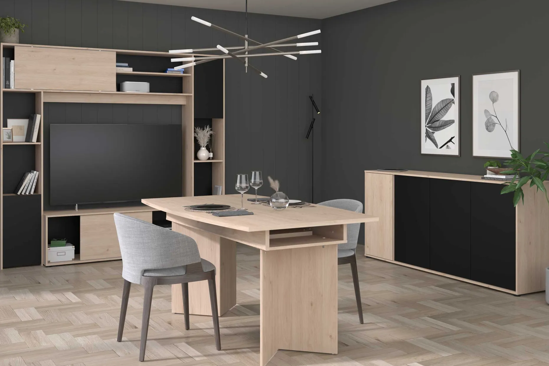Sideboard Owen - 184x40x83cm - 4 Türen - Eiche Dekor/schwarz