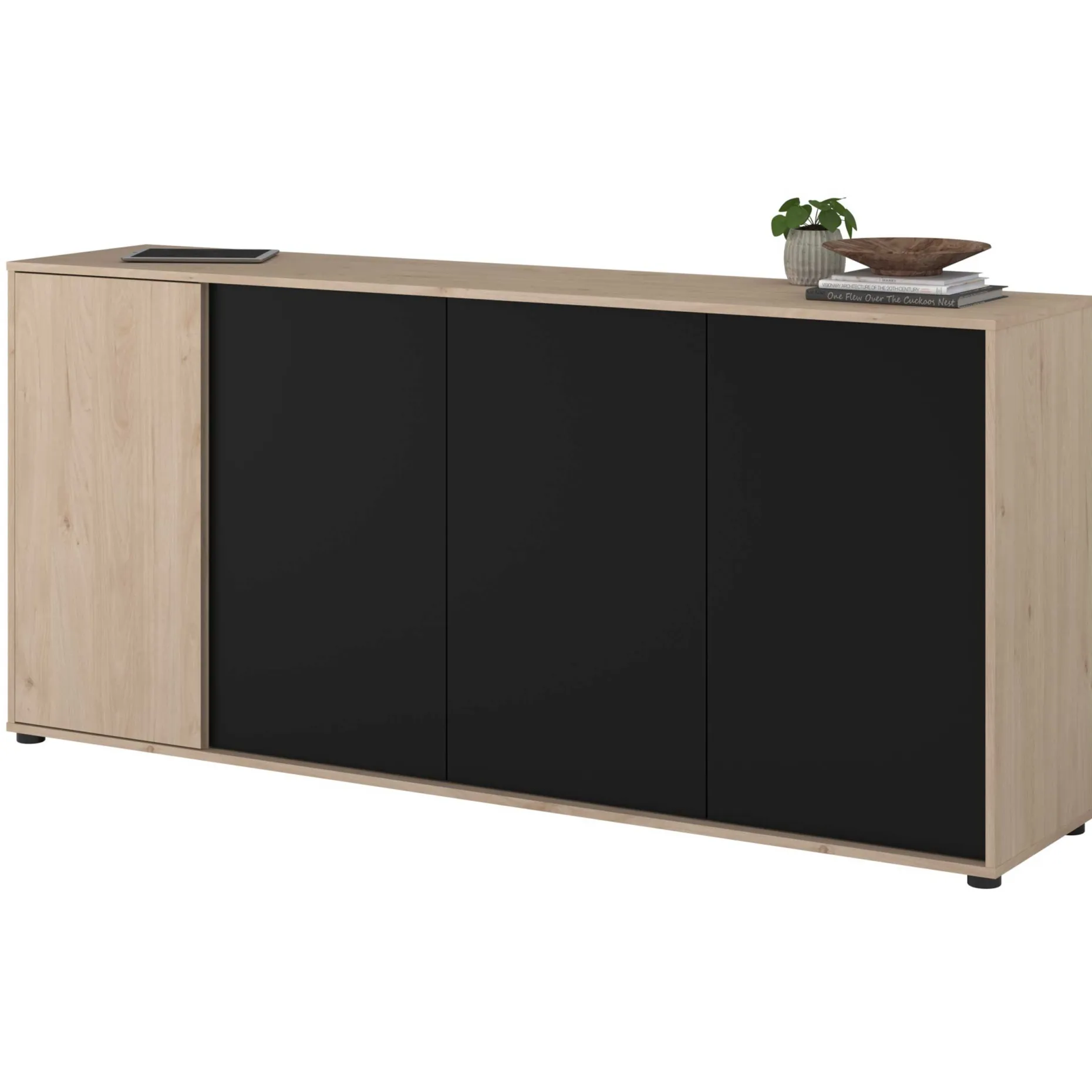 Sideboard Owen - 184x40x83cm - 4 Türen - Eiche Dekor/schwarz