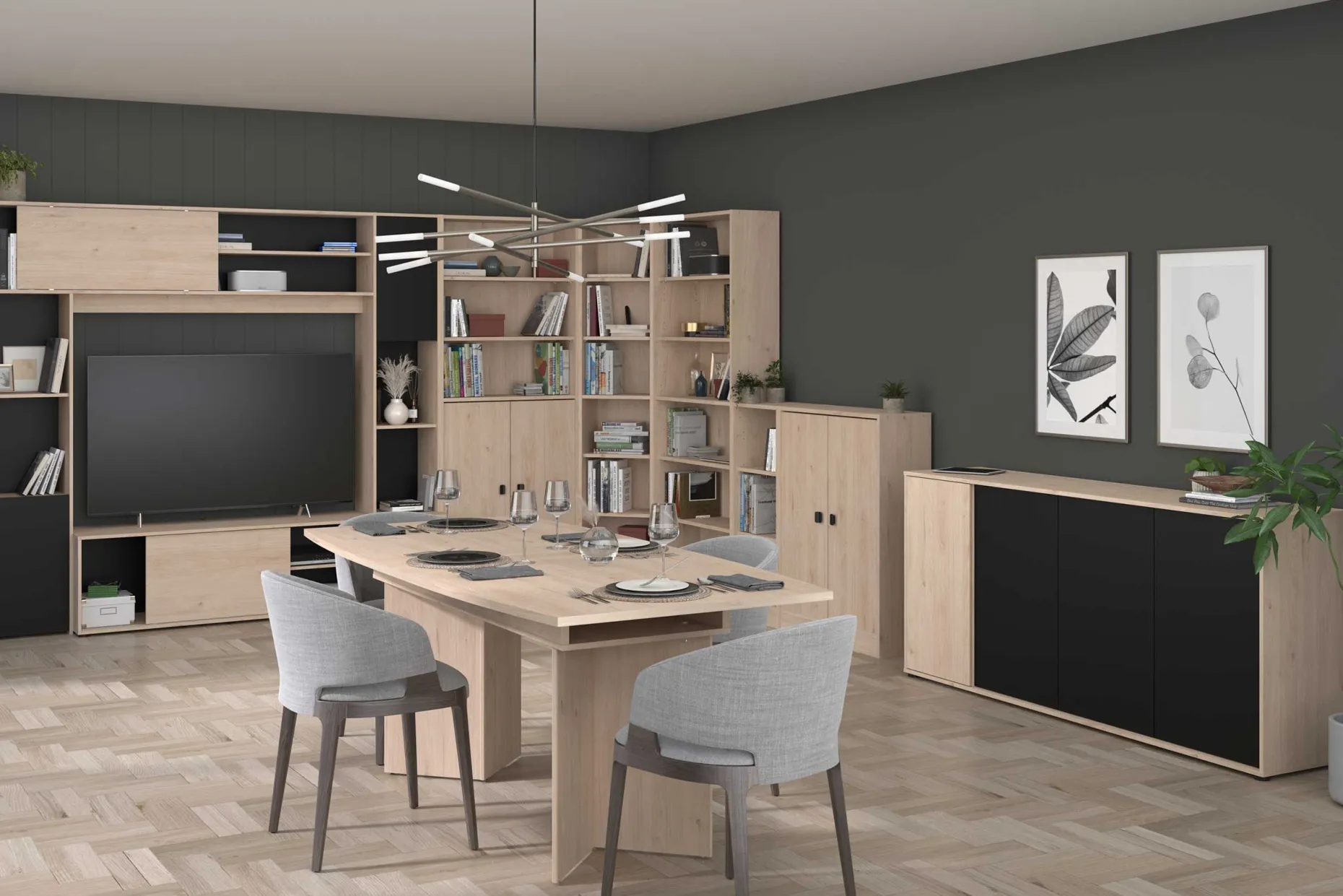 Sideboard Owen - 184x40x83cm - 4 Türen - Eiche Dekor/schwarz