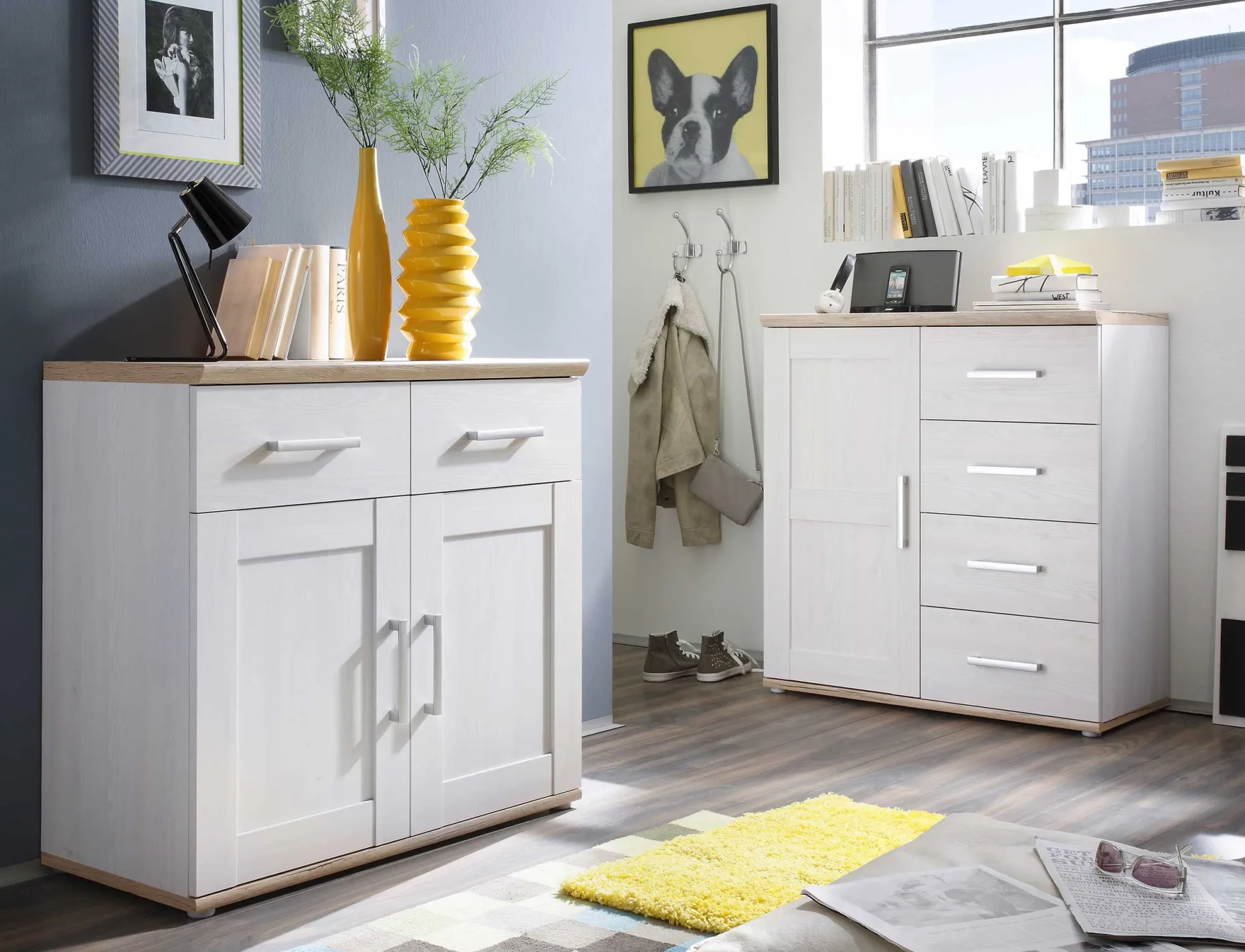 Sideboard Roman 93cm mit Tür und 4 Schubladen - weiß/braun