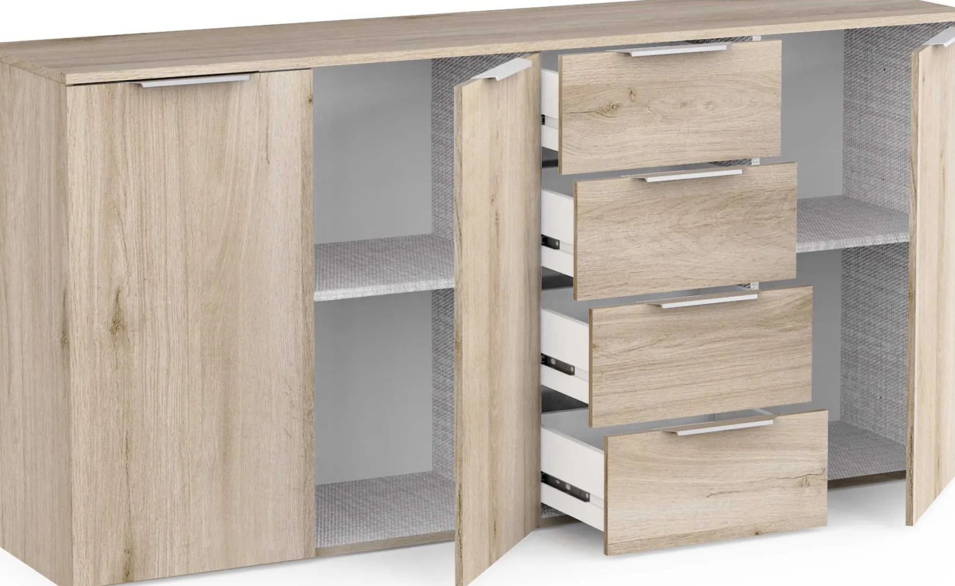 Sideboard Spectre - 159x37x78cm - 3 Türen und 4 Schubladen - Eichendekor