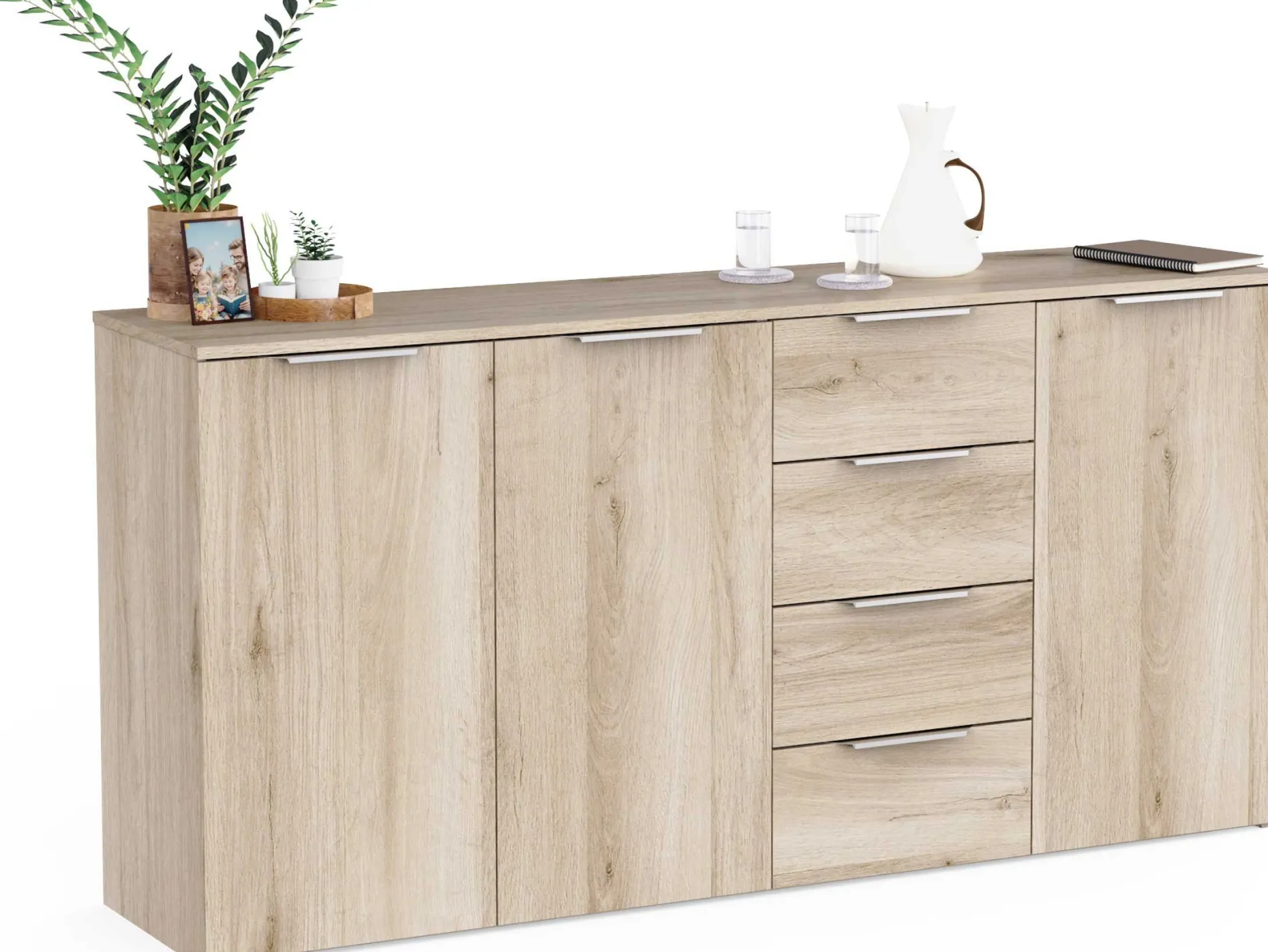 Sideboard Spectre - 159x37x78cm - 3 Türen und 4 Schubladen - Eichendekor