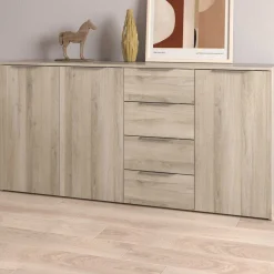 Sideboard Spectre - 159x37x78cm - 3 Türen und 4 Schubladen - Eichendekor