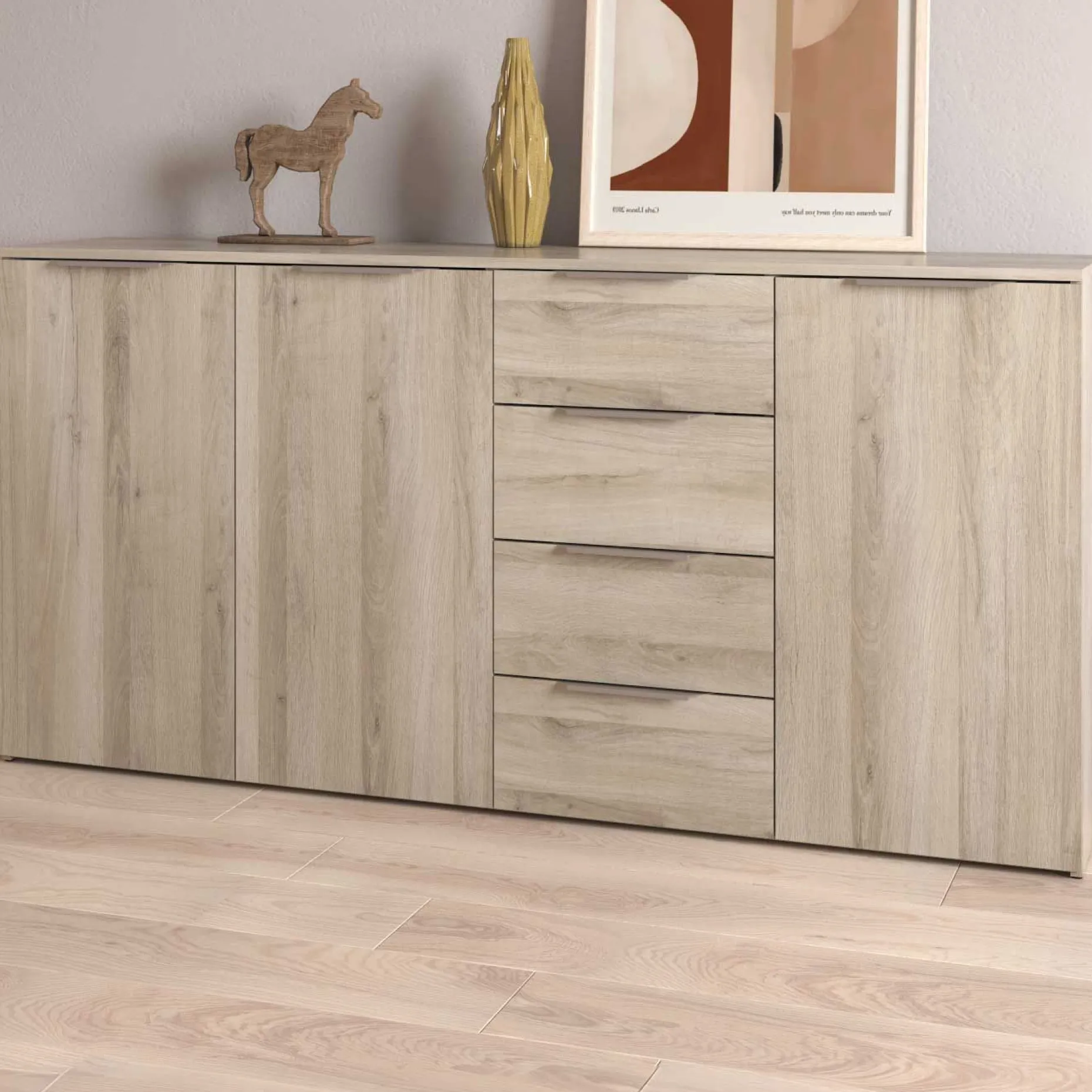 Sideboard Spectre - 159x37x78cm - 3 Türen und 4 Schubladen - Eichendekor