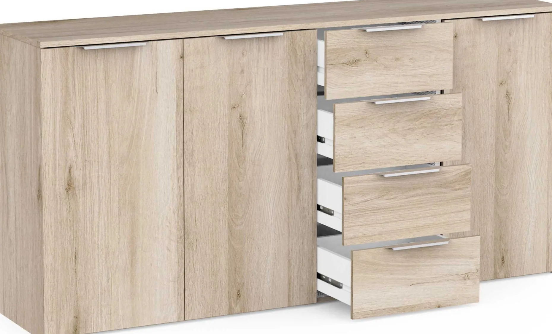 Sideboard Spectre - 159x37x78cm - 3 Türen und 4 Schubladen - Eichendekor
