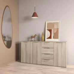 Sideboard Spectre - 159x37x78cm - 3 Türen und 4 Schubladen - Eichendekor