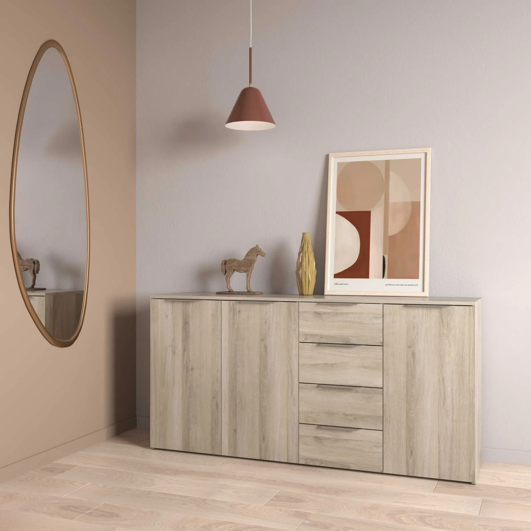 Sideboard Spectre - 159x37x78cm - 3 Türen und 4 Schubladen - Eichendekor