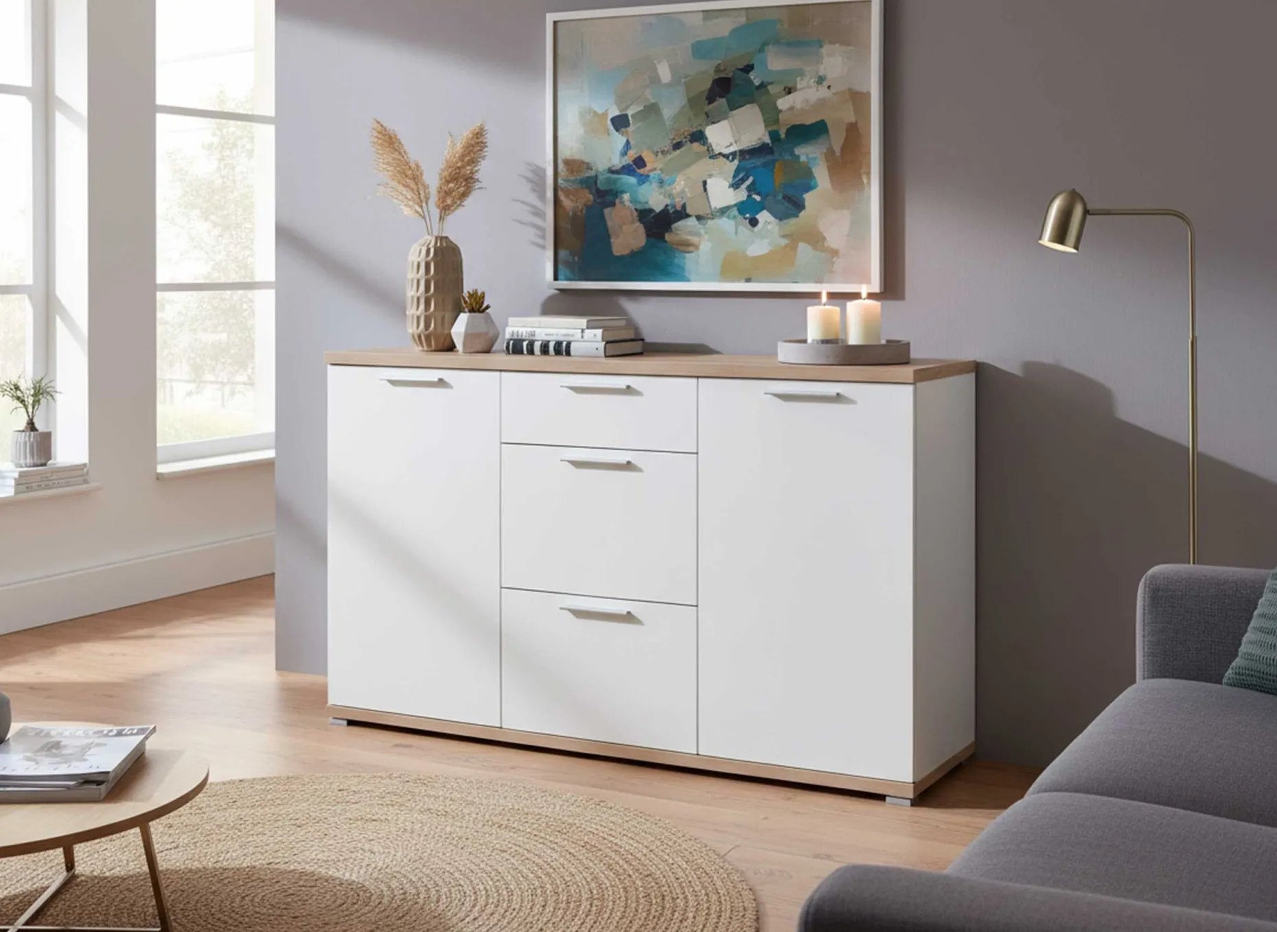 Sideboard Tosun 144 cm mit 2 Türen und 3 Schubladen - weiß/Eiche