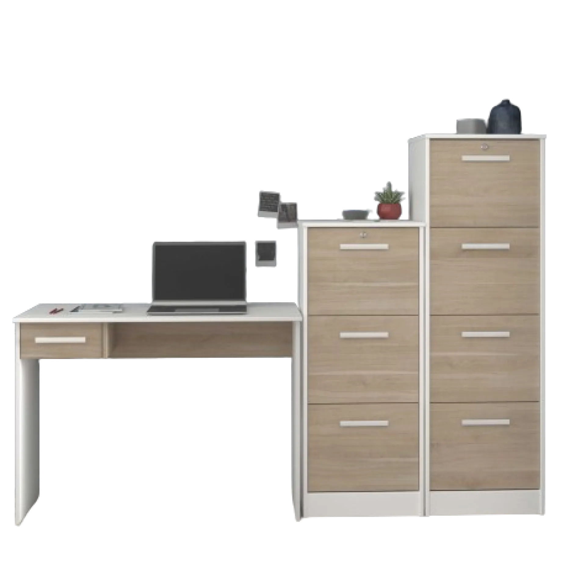 Parisot SilBüro-Set : Schreibtisch und zwei Aktenschränke - Eiche Dekor/Weiß