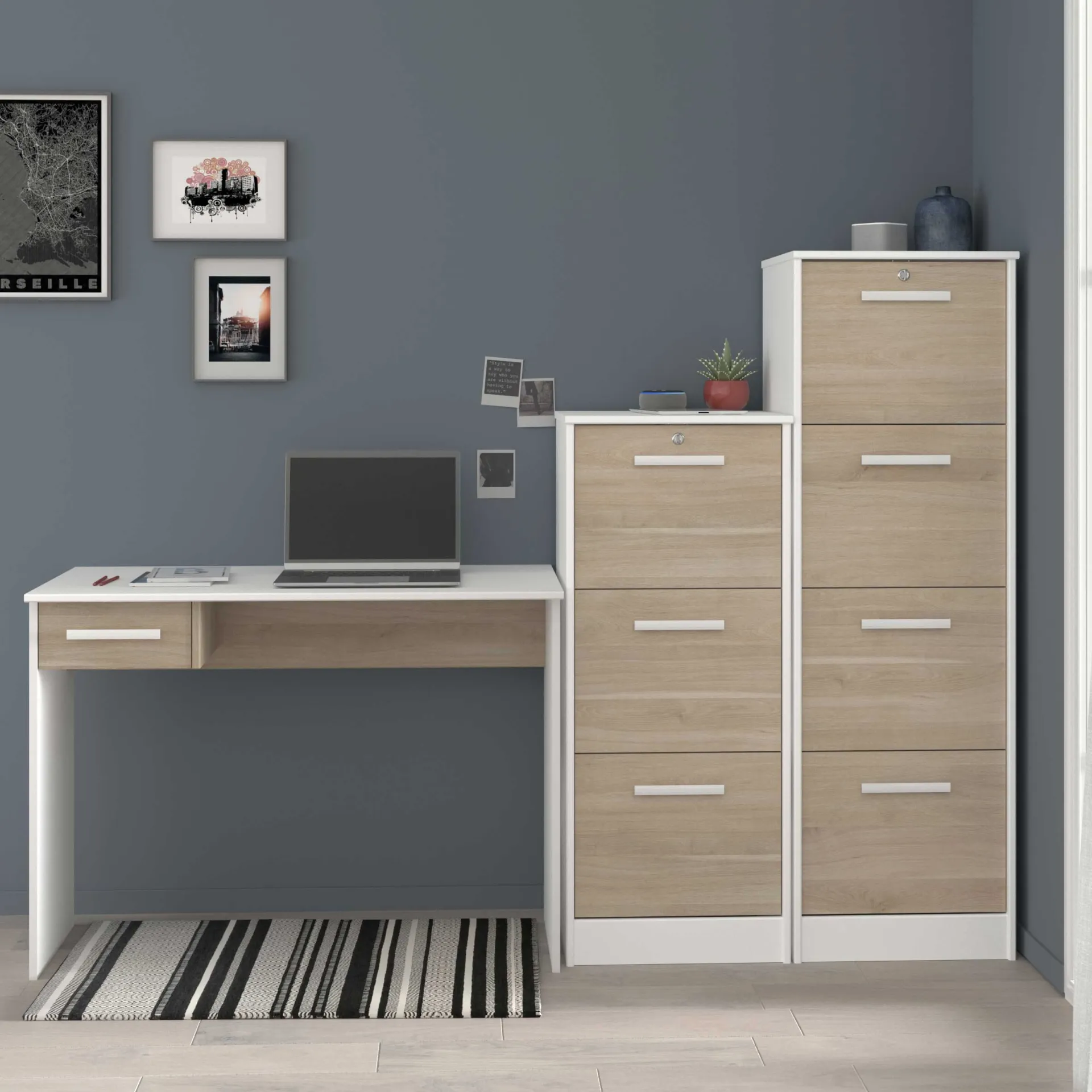 Parisot SilBüro-Set : Schreibtisch und zwei Aktenschränke - Eiche Dekor/Weiß