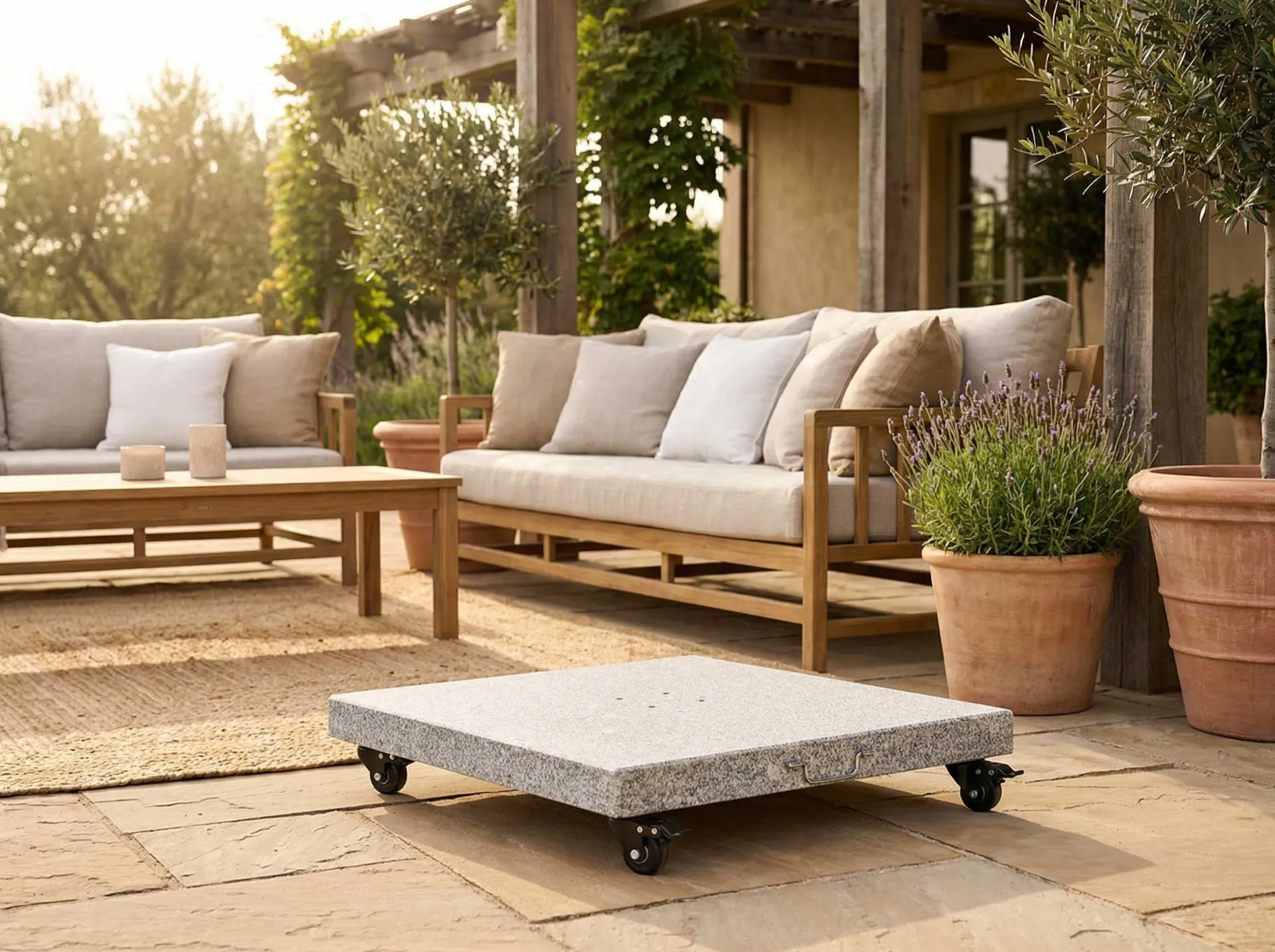 Gescova Sonnenschirmsockel Miami - Granit mit Rollen - 60x60x12 cm - Hell