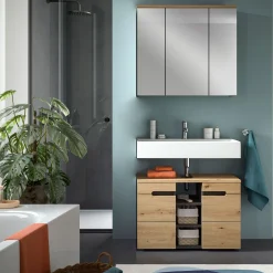 Spiegelschrank Canu Xonox - basaltgrau mit Holz-Detail - 80x73x21 cm