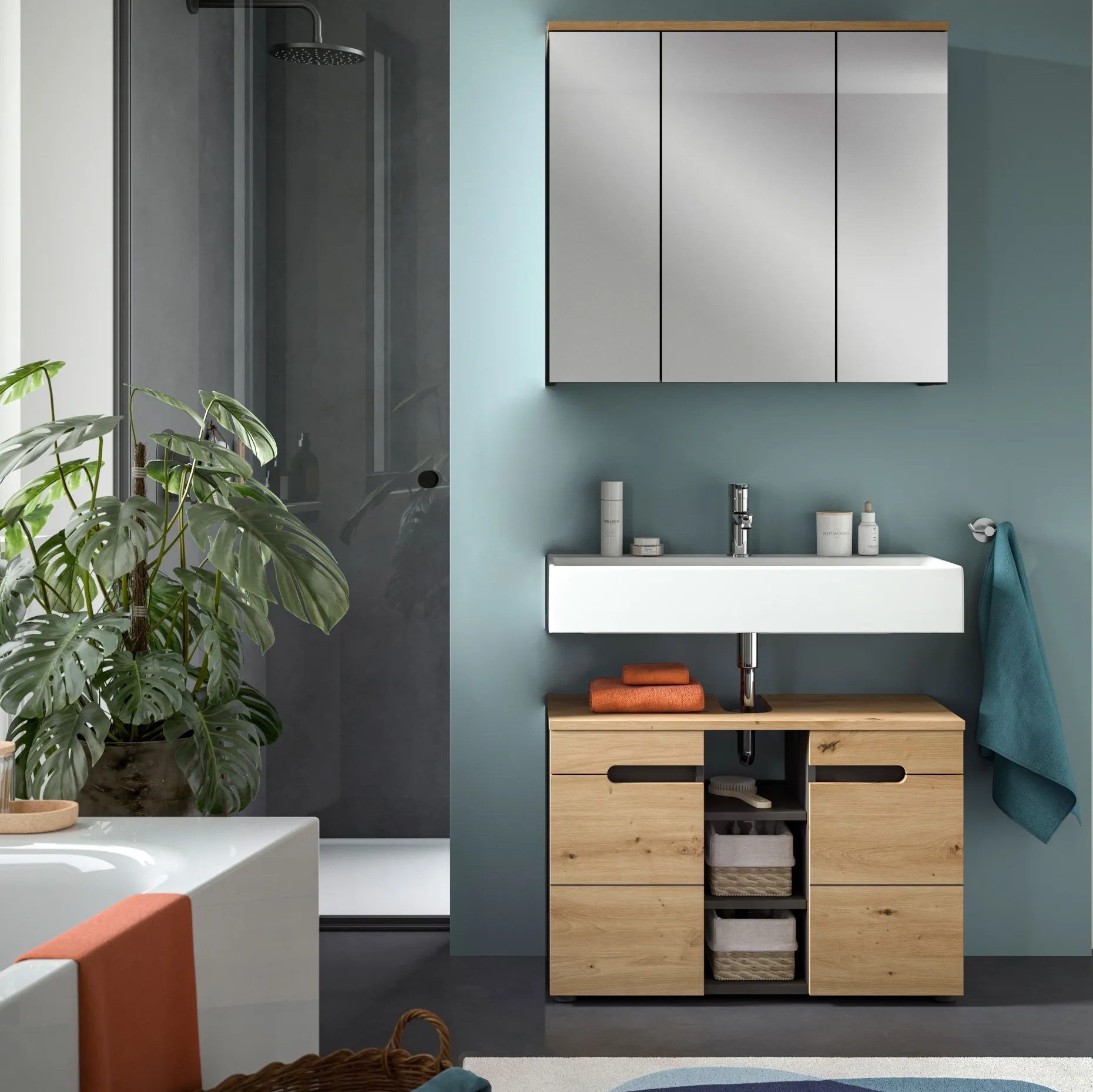Spiegelschrank Canu Xonox - basaltgrau mit Holz-Detail - 80x73x21 cm