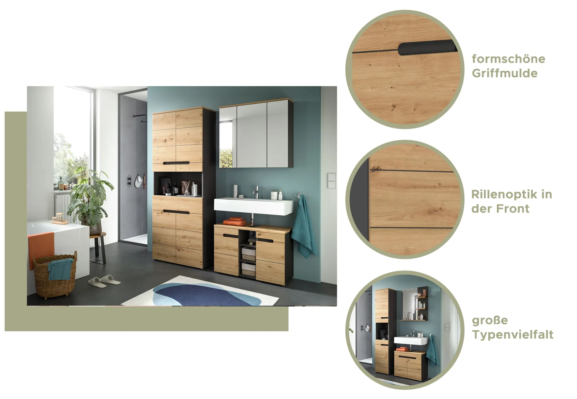 Spiegelschrank Canu Xonox - basaltgrau mit Holz-Detail - 80x73x21 cm