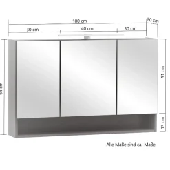 Spiegelschrank Karan 100cm 3 Türen mit Beleuchtung - Eiche